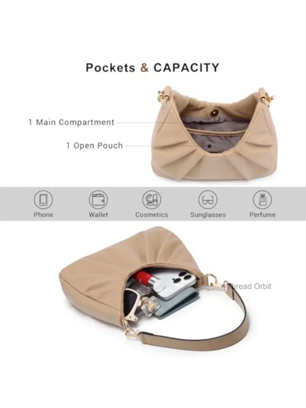 Ruched Hobo Handbag with 2 Removable Straps Crossbody Shoulder Purse